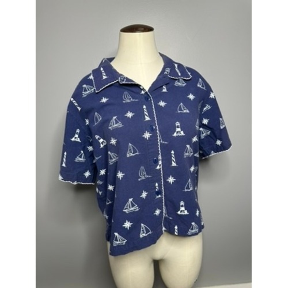 Allyson Whitmore Petite Navy Nautical Sailboat Lighthouse Cotton Button Up PL